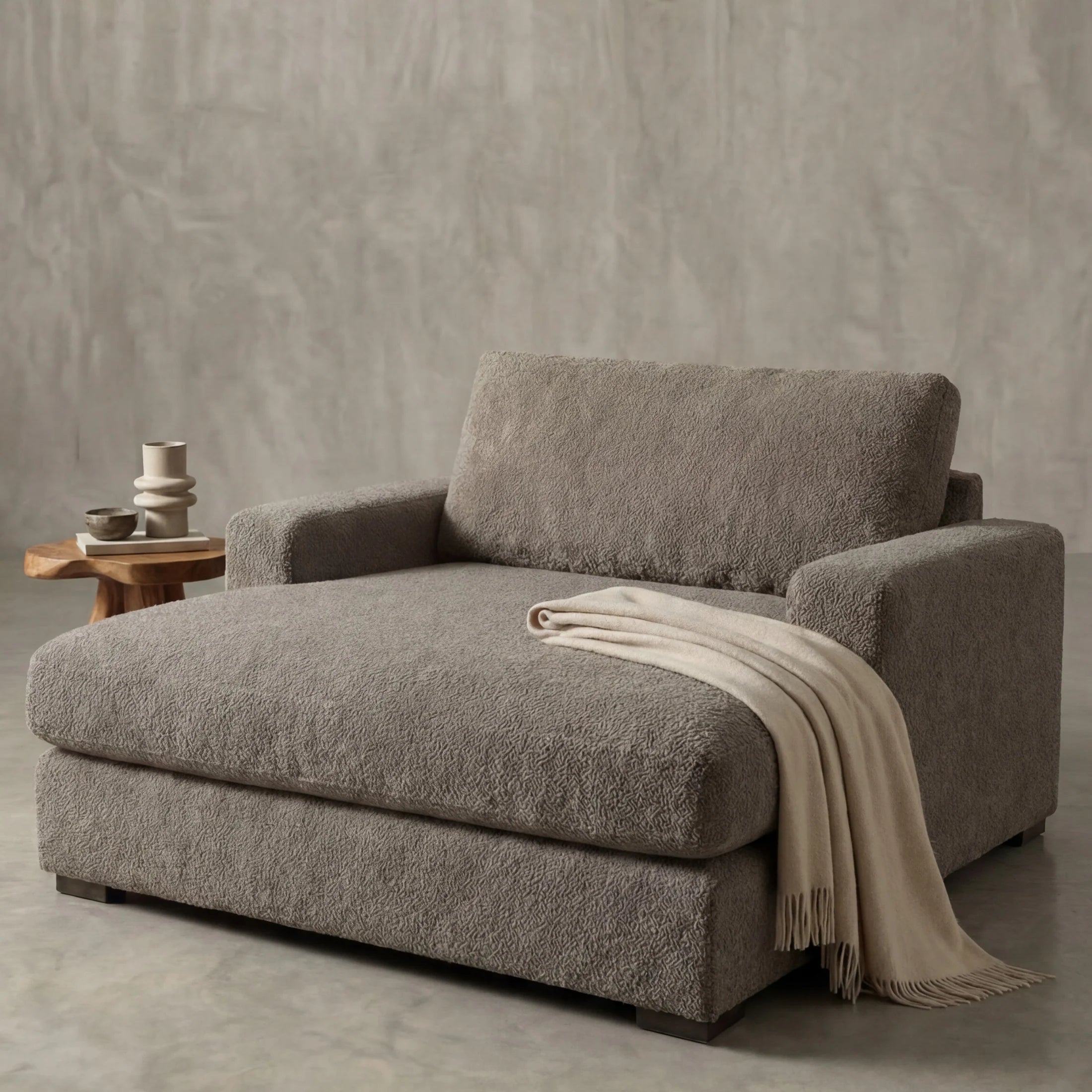 Cuddle Pewter chaise lounger staged in a styled living room (view 3)
