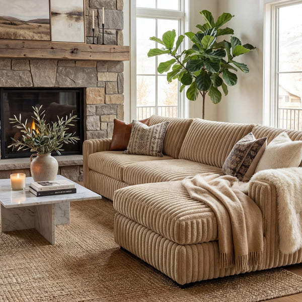 Minky Toast two-piece chaise sectional staged in a styled living room (view 2)