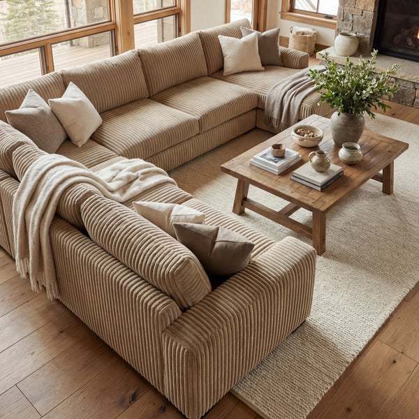 Minky Toast three-piece chaise sectional staged in a styled living room (view 1)
