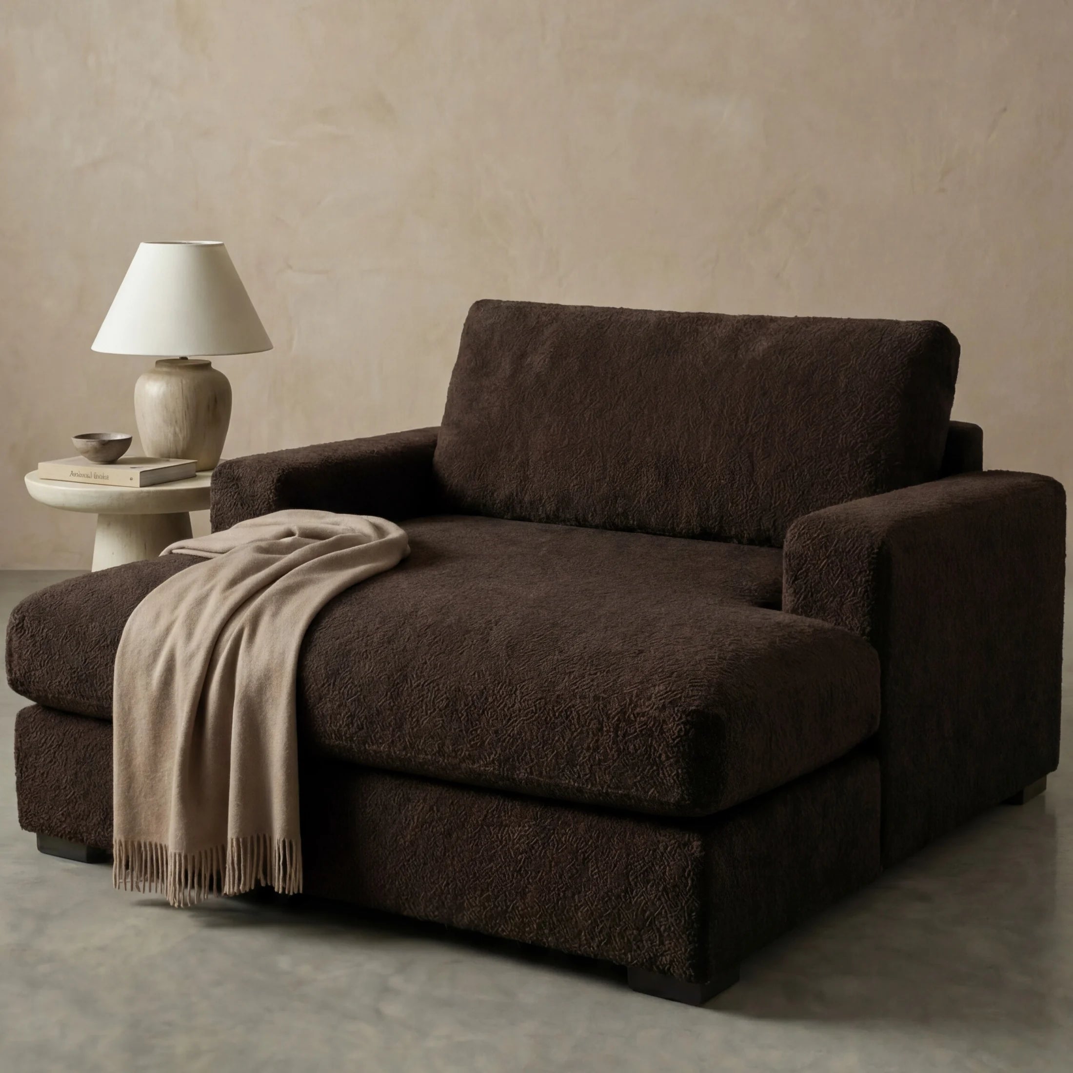 Cuddle Umber chaise lounger staged in a styled living room (view 2)