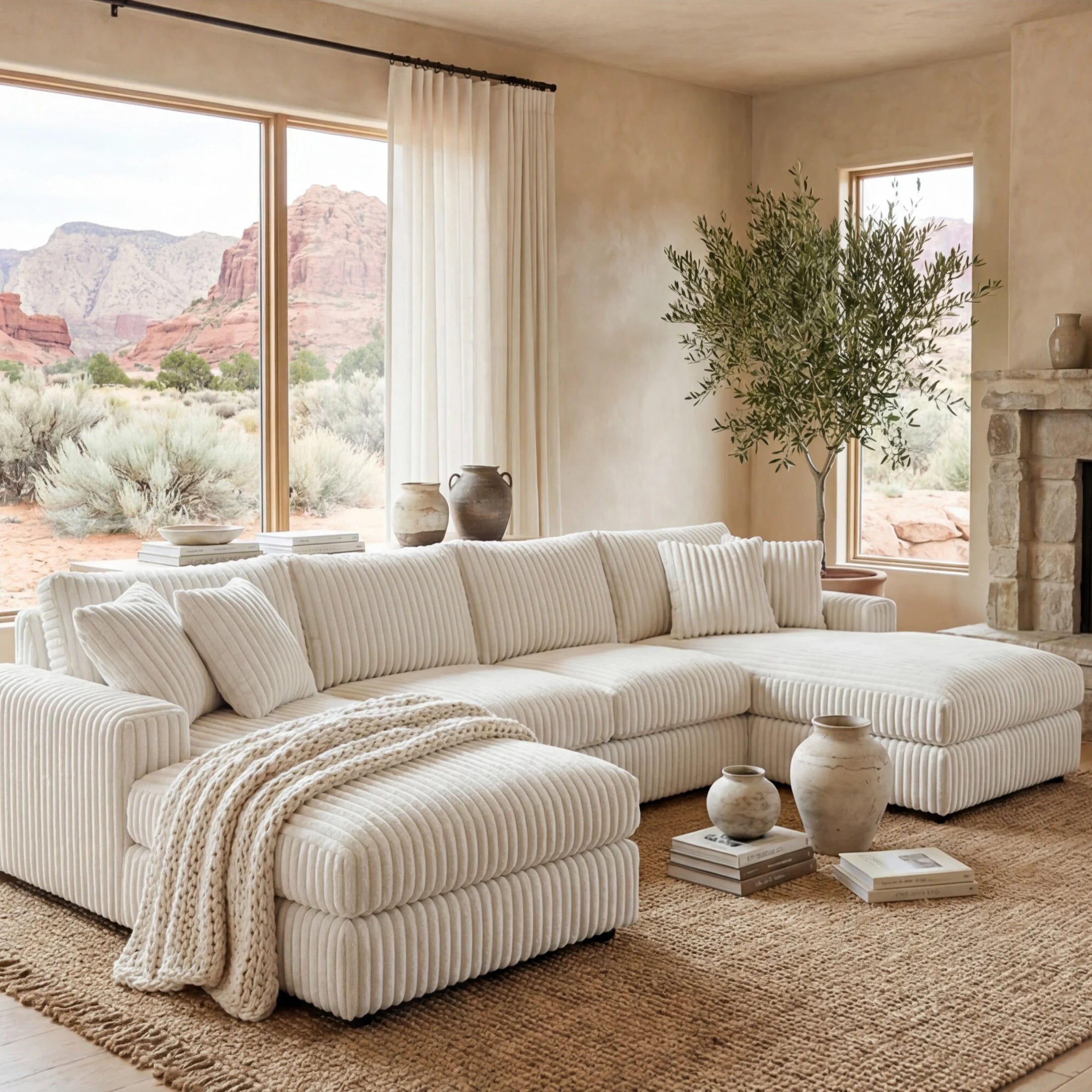 Minky White Three-Piece Double Chaise Sectional