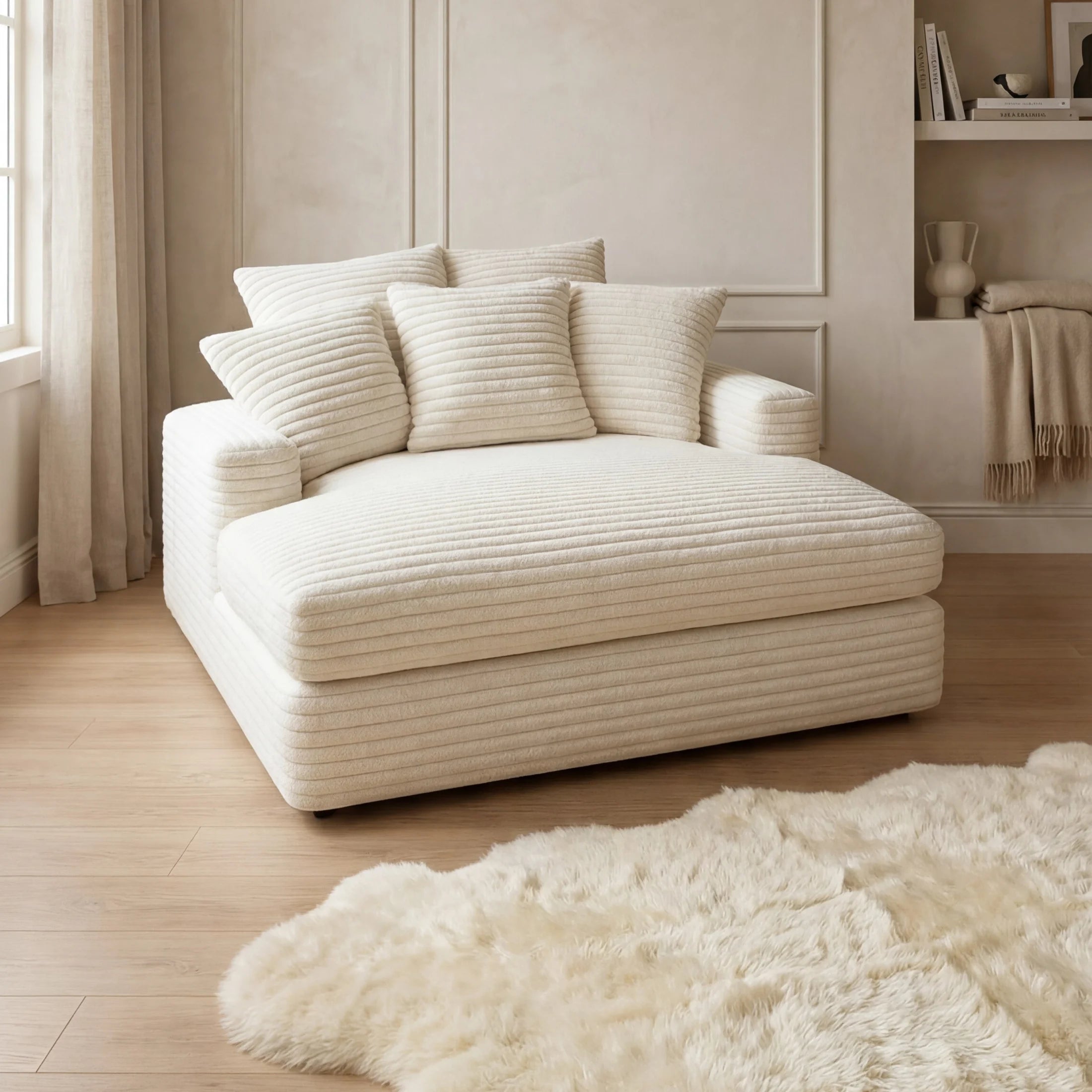 Minky White chaise lounger staged in a styled living room (view 1)
