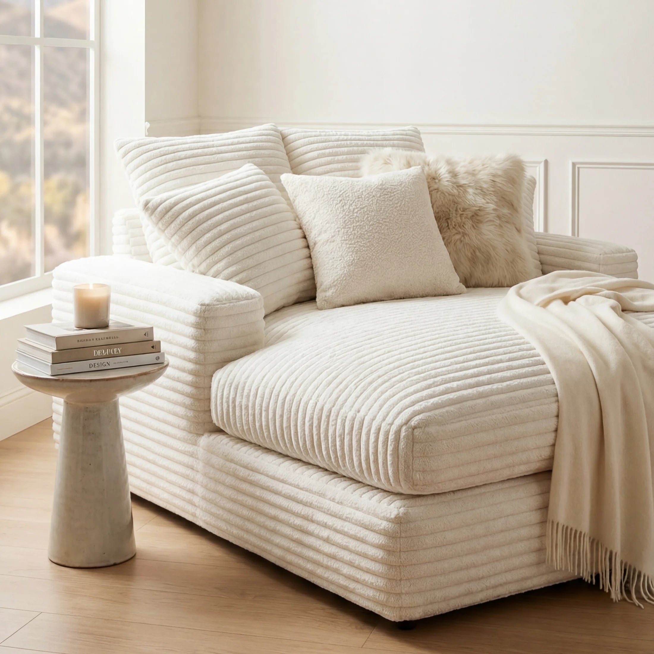 Minky White chaise lounger staged in a styled living room (view 2)