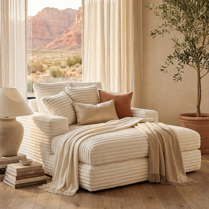 Minky White chaise lounger staged in a styled living room (view 3)