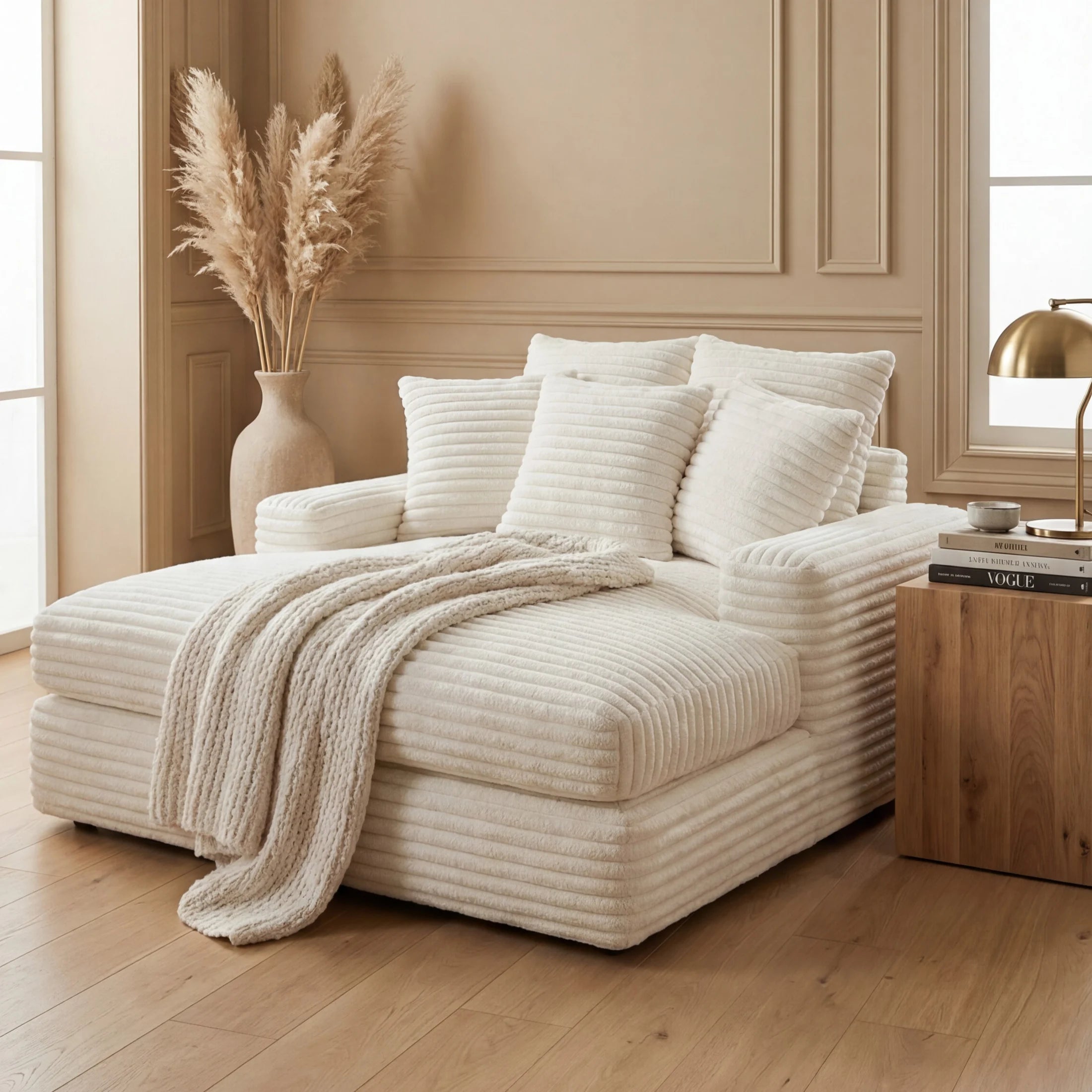 Minky White chaise lounger staged in a styled living room (view 4)