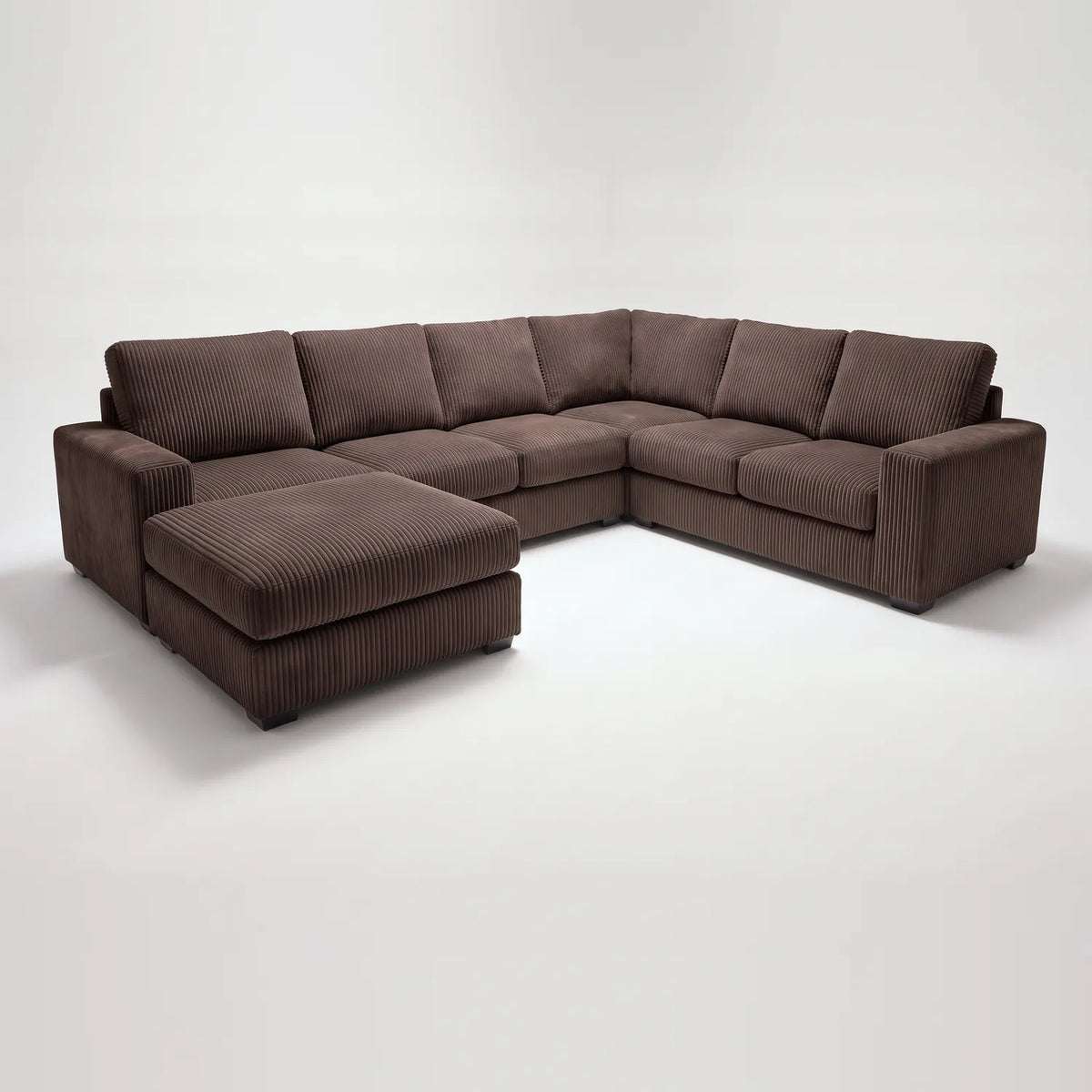 Seven-Piece Chaise Sectional - Mini Minky Chocolate Modular - studio photo on white (LHF arrangement)