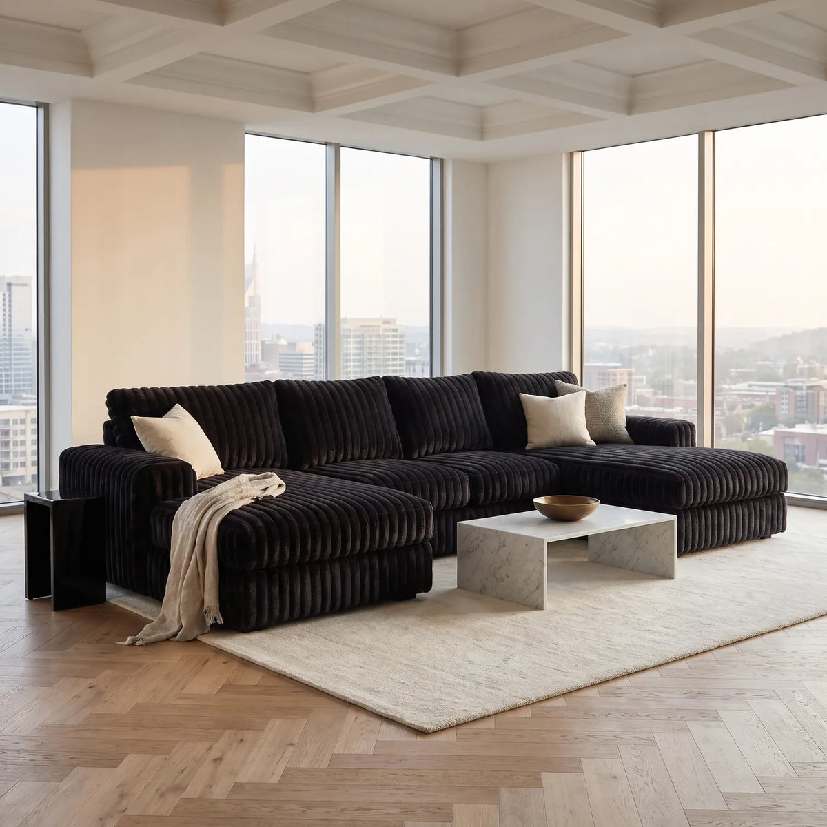 Three-Piece Double Chaise Sectional - Minky Black