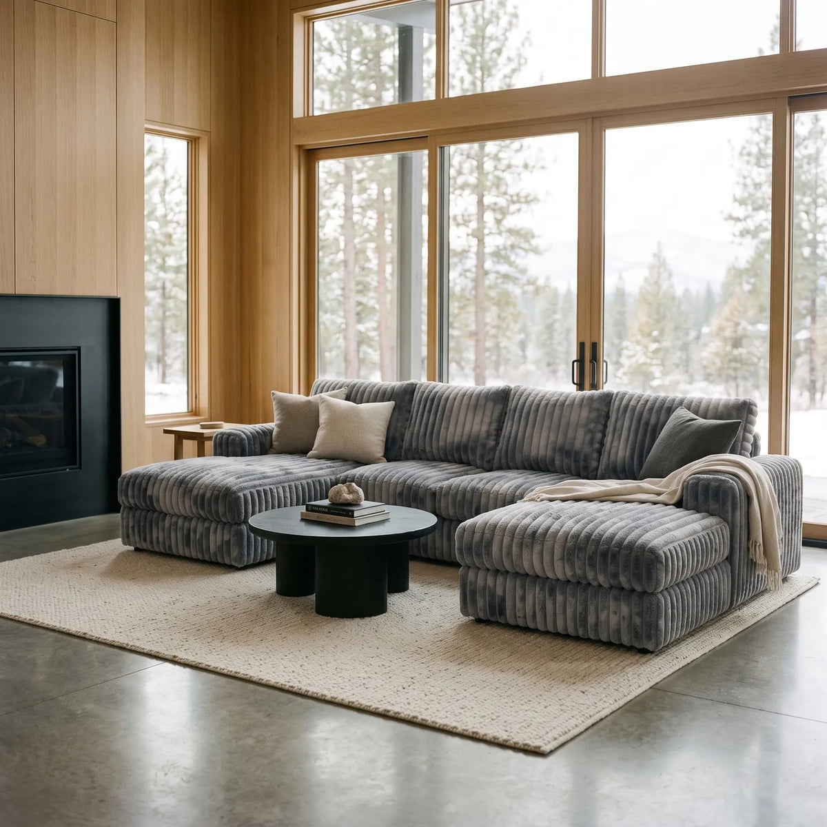 Three-Piece Double Chaise Sectional - Minky Charcoal