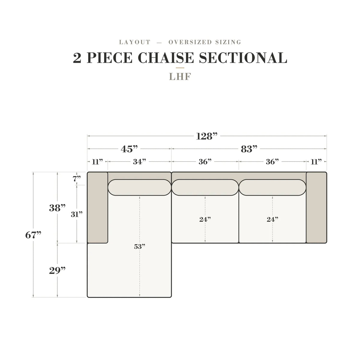 Two-Piece Chaise Sectional - Minky Black Oversized - dimensions (top view) #Orientation_Left-Hand Facing