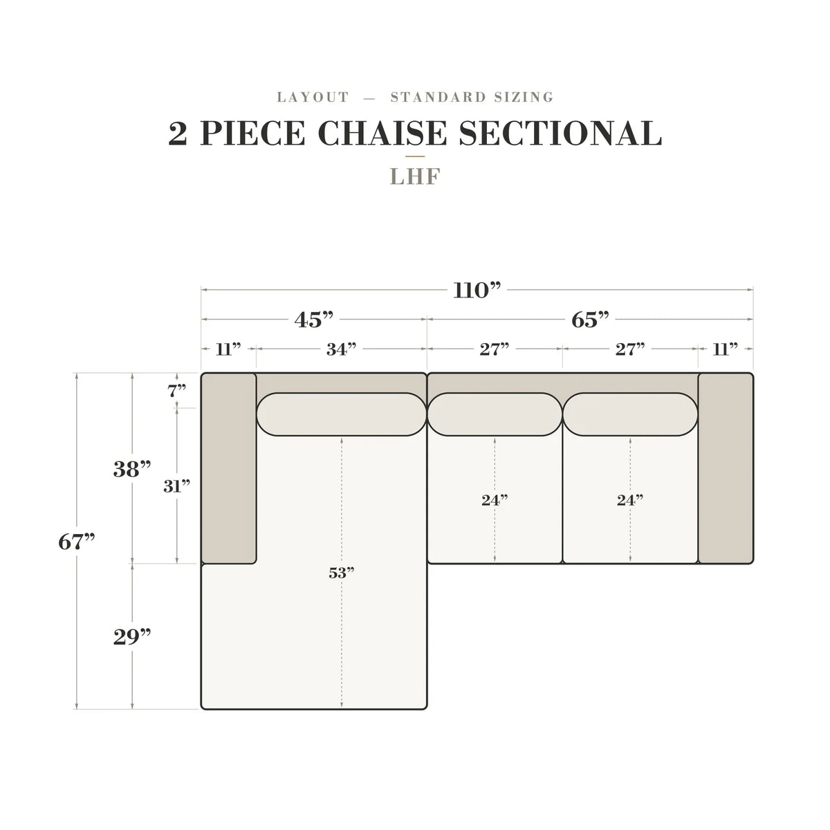 Two-Piece Chaise Sectional - Minky Grey - dimensions (top view) #Orientation_Left-Hand Facing
