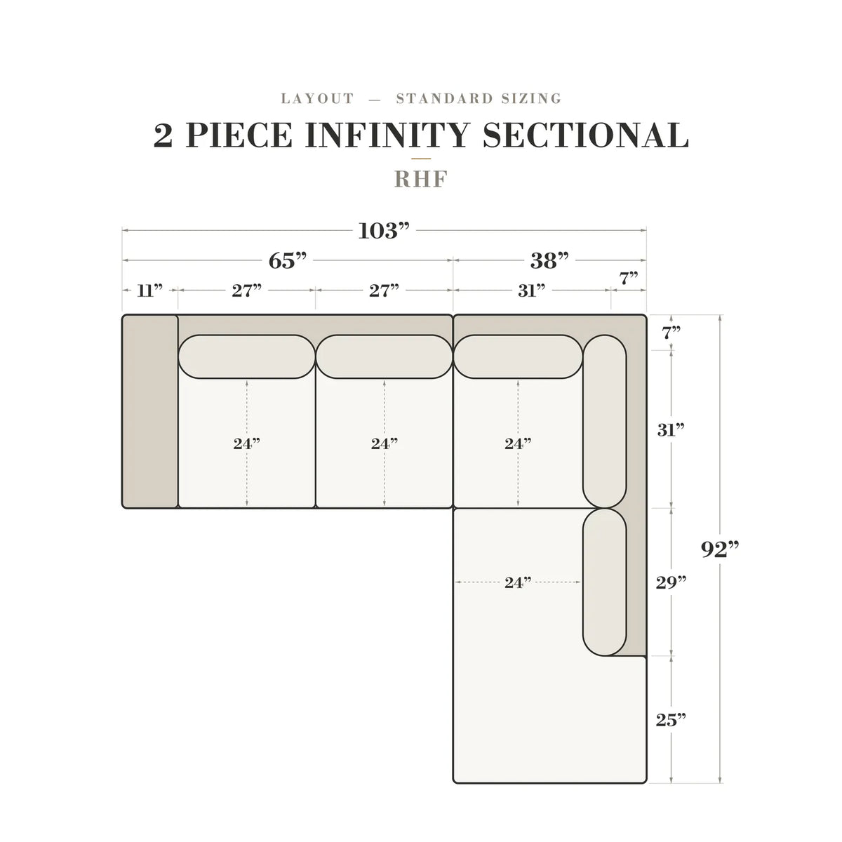 Two-Piece Infinity Sectional - Minky Toast - dimensions (top view) #Orientation_Right-Hand Facing