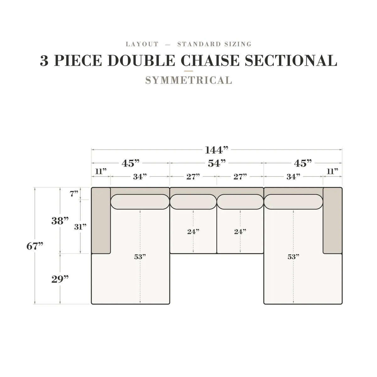 Three-Piece Double Chaise Sectional - Mini Minky Onyx - dimensions (top view)