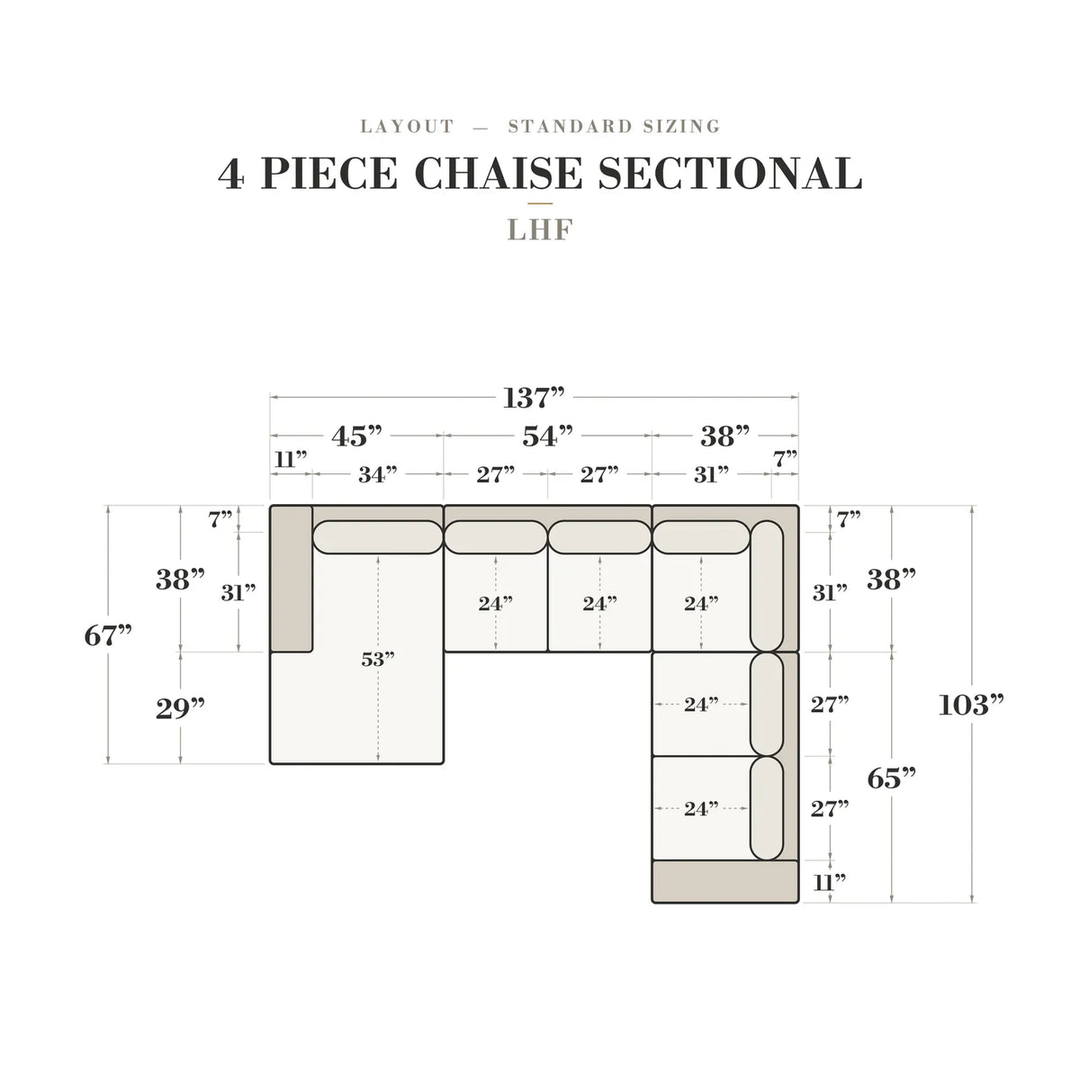 Four-Piece Chaise Sectional - Cuddle Umber - dimensions (top view) #Orientation_Left-Hand Facing
