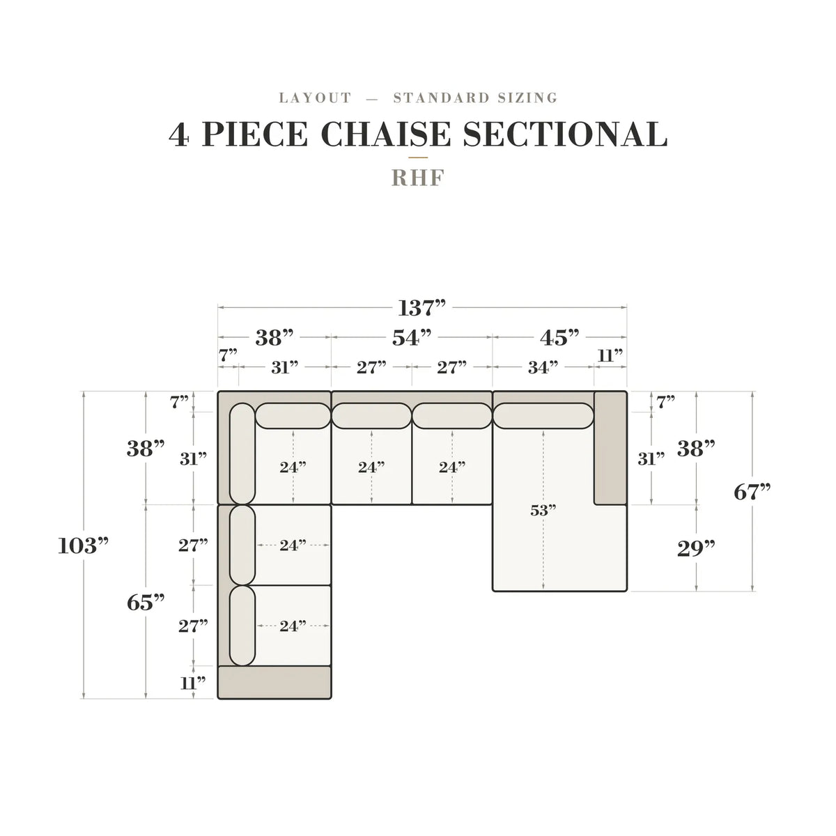 Four-Piece Chaise Sectional - Cuddle Charcoal - dimensions (top view) #Orientation_Right-Hand Facing